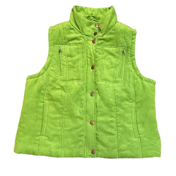 Relativity Bright Green Faux Suede Vest W/ Brass Colored Snaps & Zipper (XL) - Picture 6 of 12